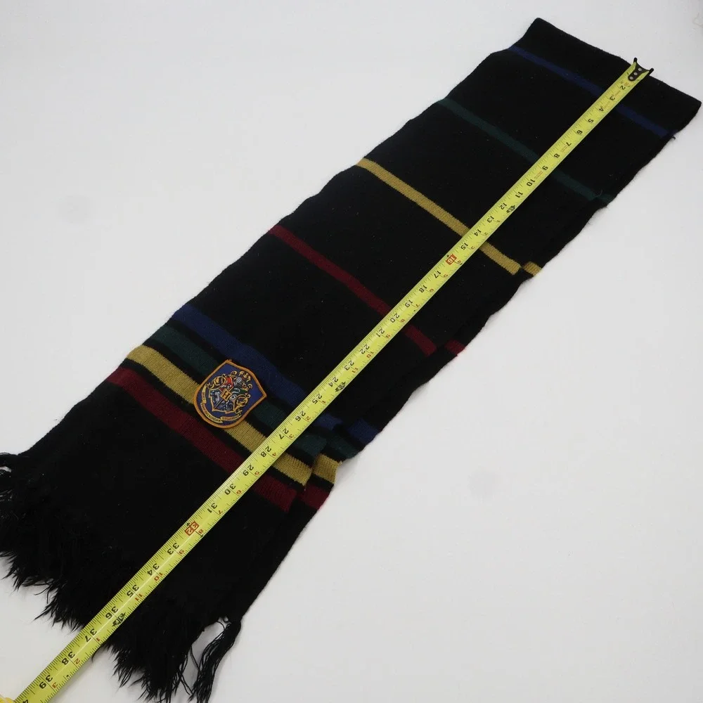 Harry Potter Hogwarts Crest Knit Scarf OS Black Multi Color Striped Fringe‎